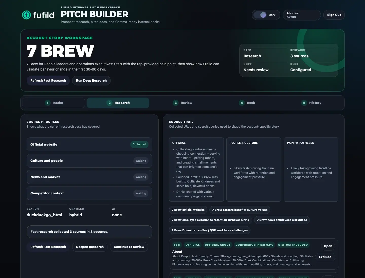 Fulfilled internal pitch workspace showing researched sources, review state, and a company-specific pitch workflow.