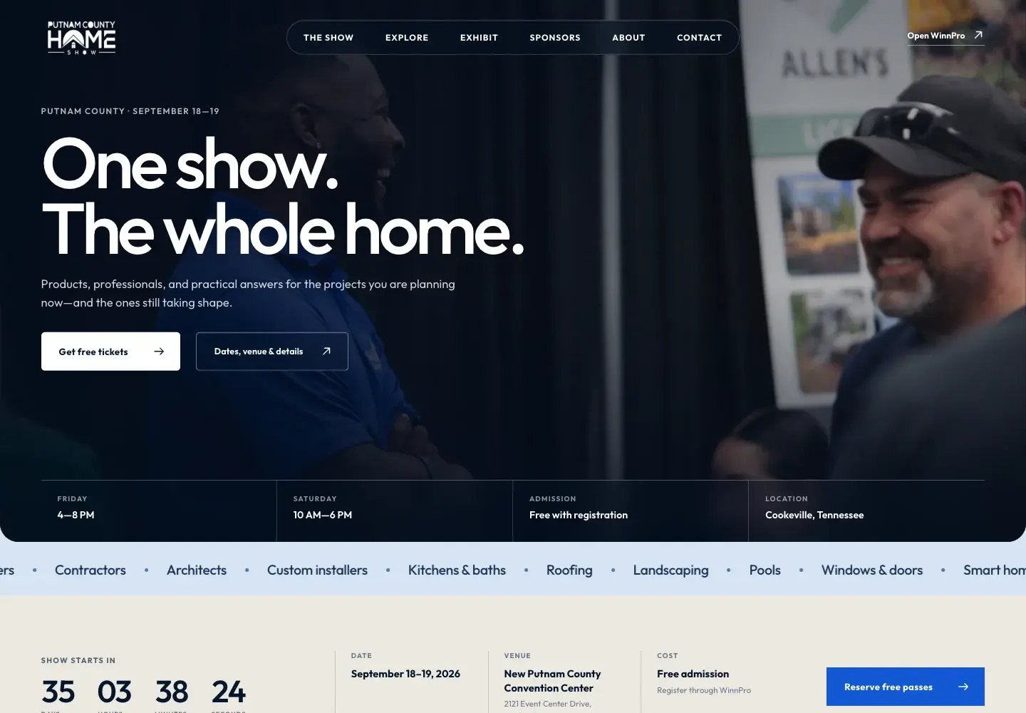 Putnam County Home Show public website with a cinematic event hero, ticket actions, and responsive show information.