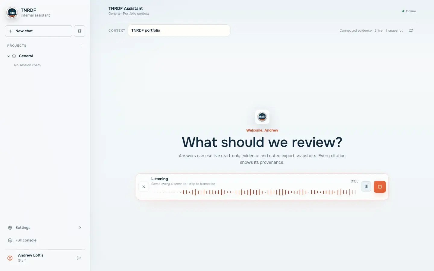 TNRDF internal assistant interface recording a spoken question against connected company evidence.