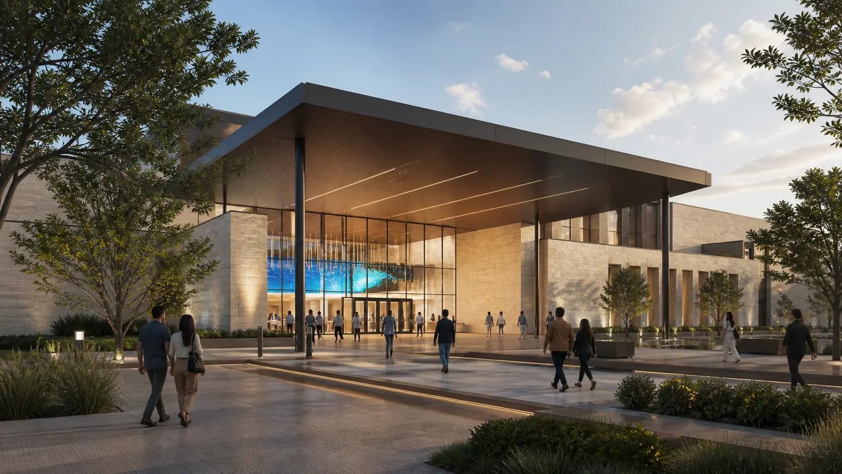 Illustrative contemporary civic welcome center with a landscaped arrival plaza and digital experience visible through the entrance.