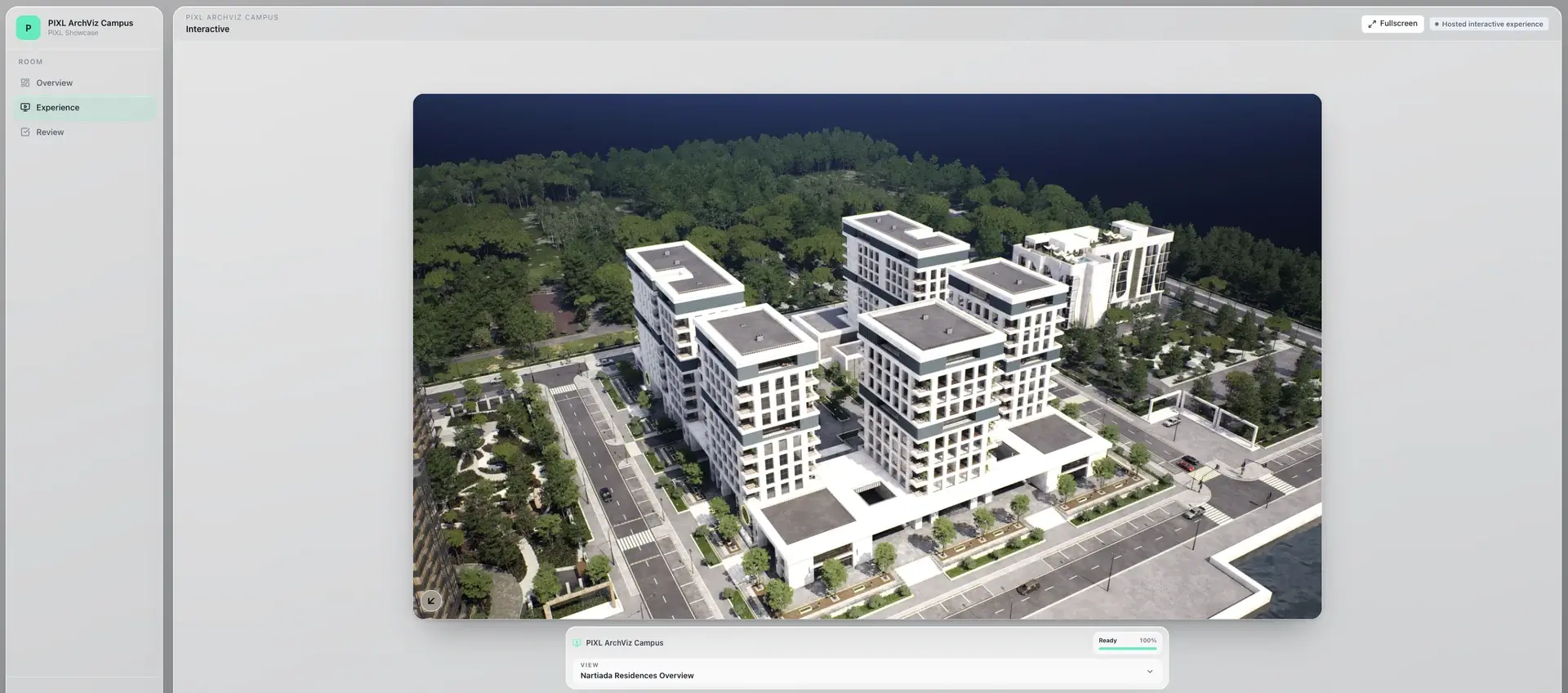 PIXL Project Room showing an interactive multi-building campus experience.
