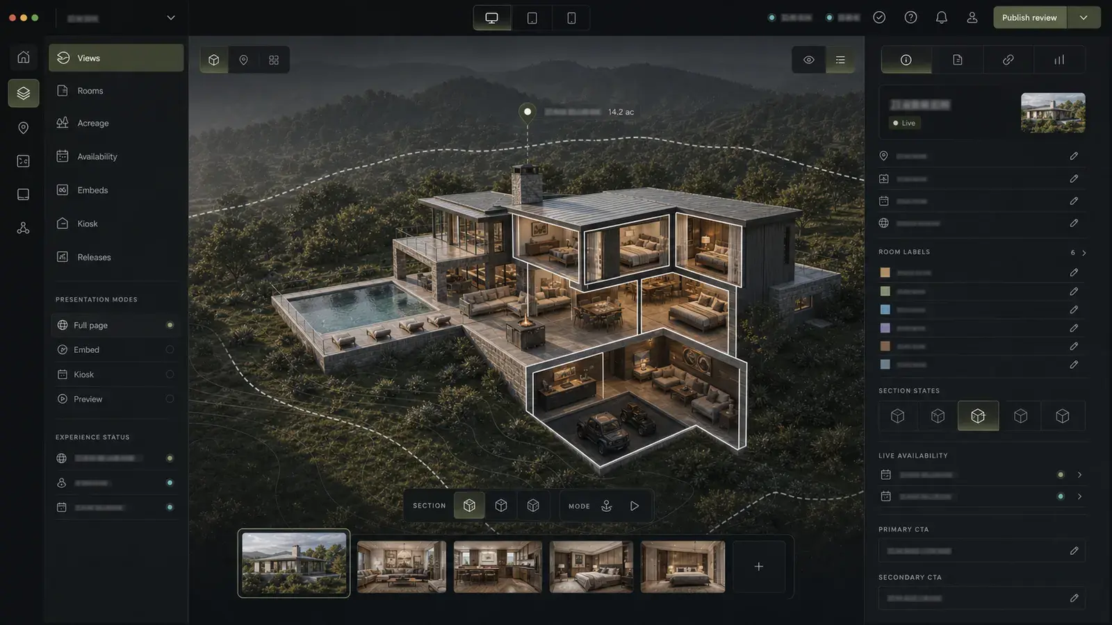 PIXL Atlas control plane concept showing a property cutaway and publishing controls.
