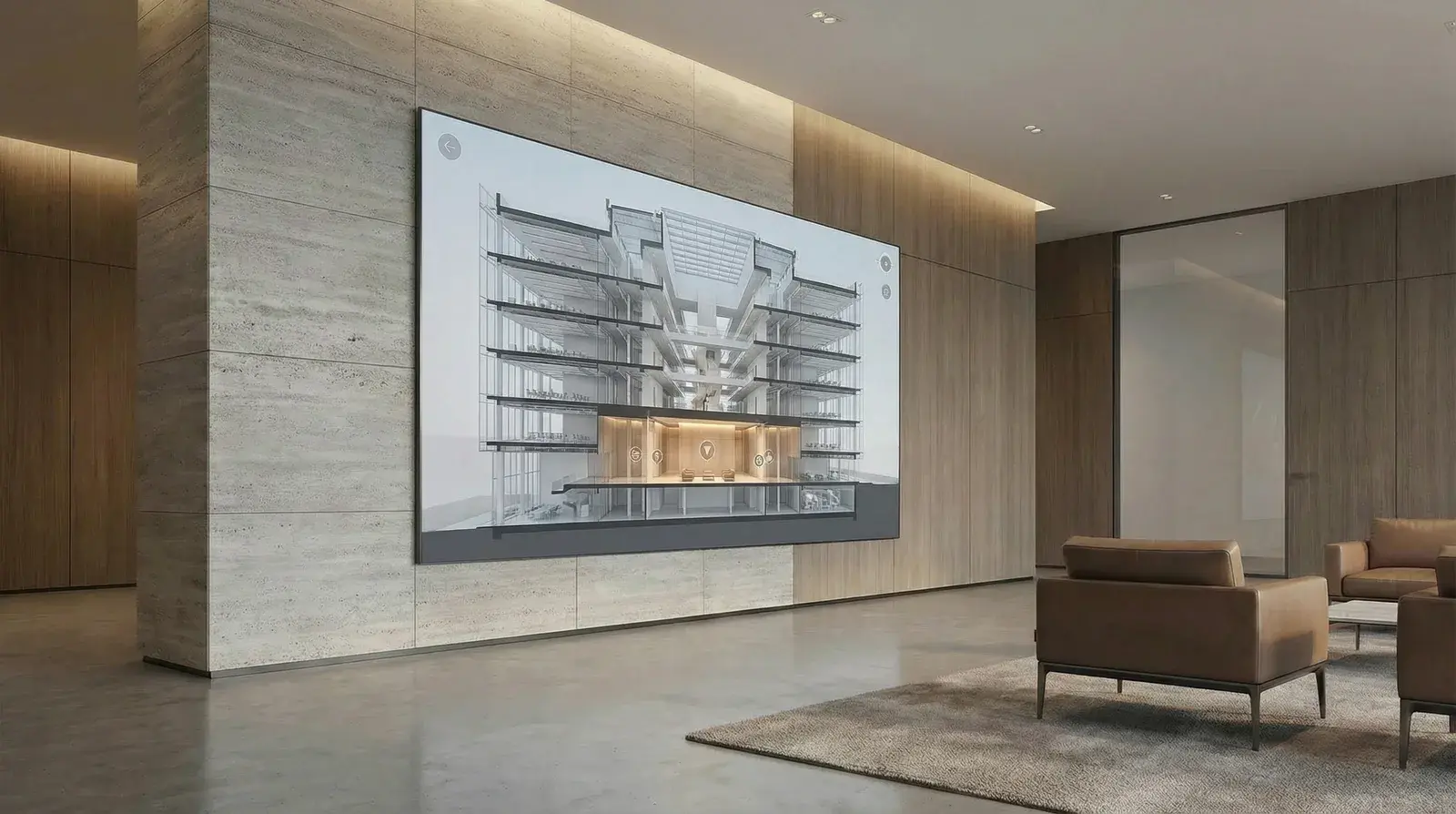 Enterprise review space with a large architectural presentation display.