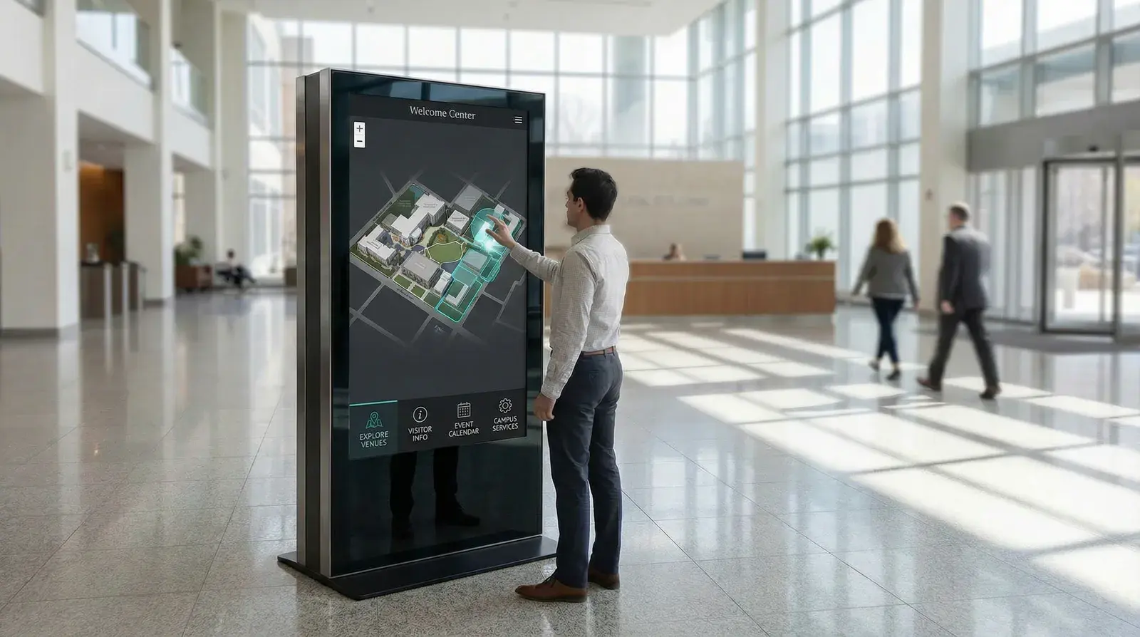 Public touchscreen concept presenting a civic venue experience.